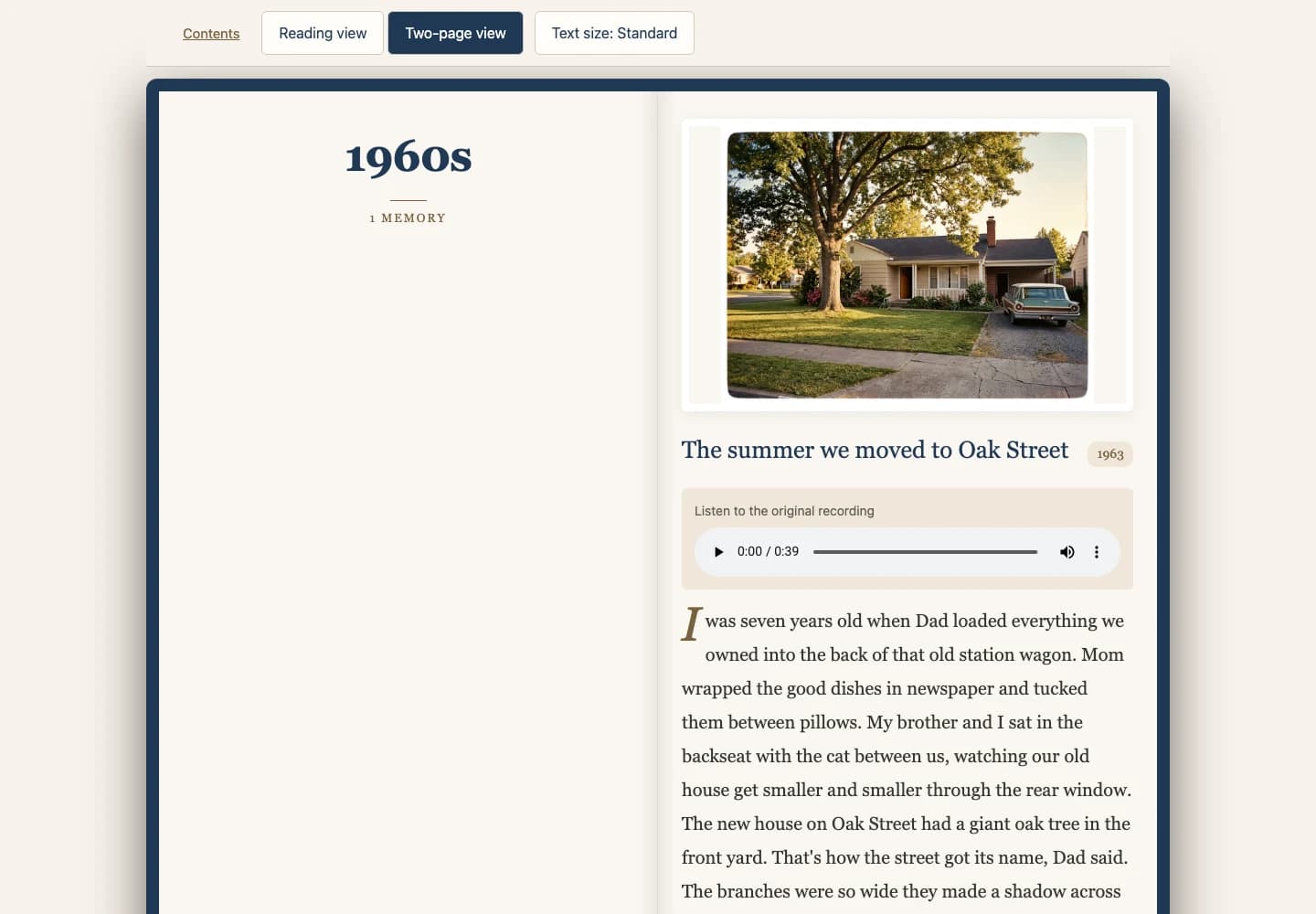 Actual offline digital book in two-page view, with a decade divider and illustrated story. Sample content.