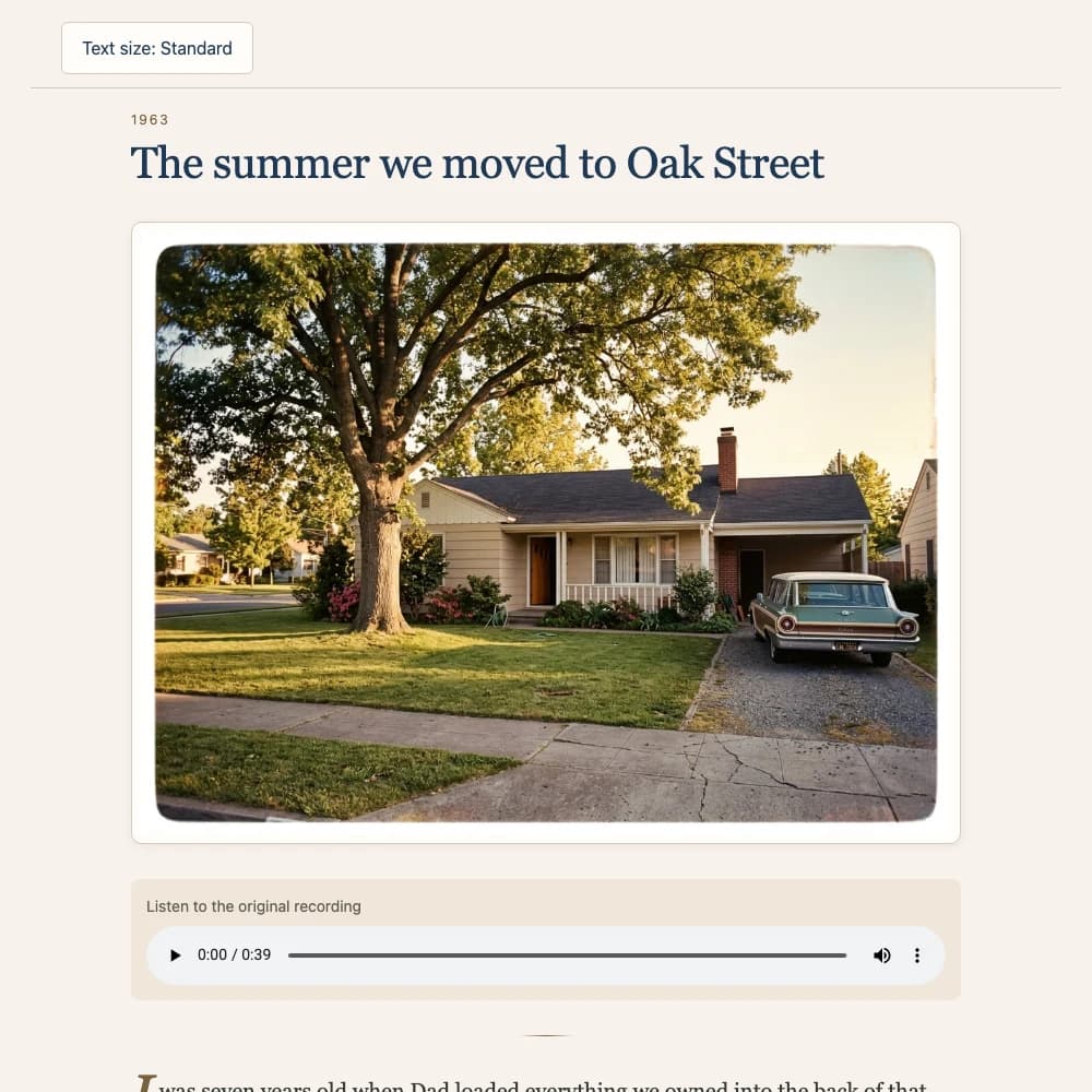 Actual offline story screen with a photo, written story, and original recording player. Sample content.