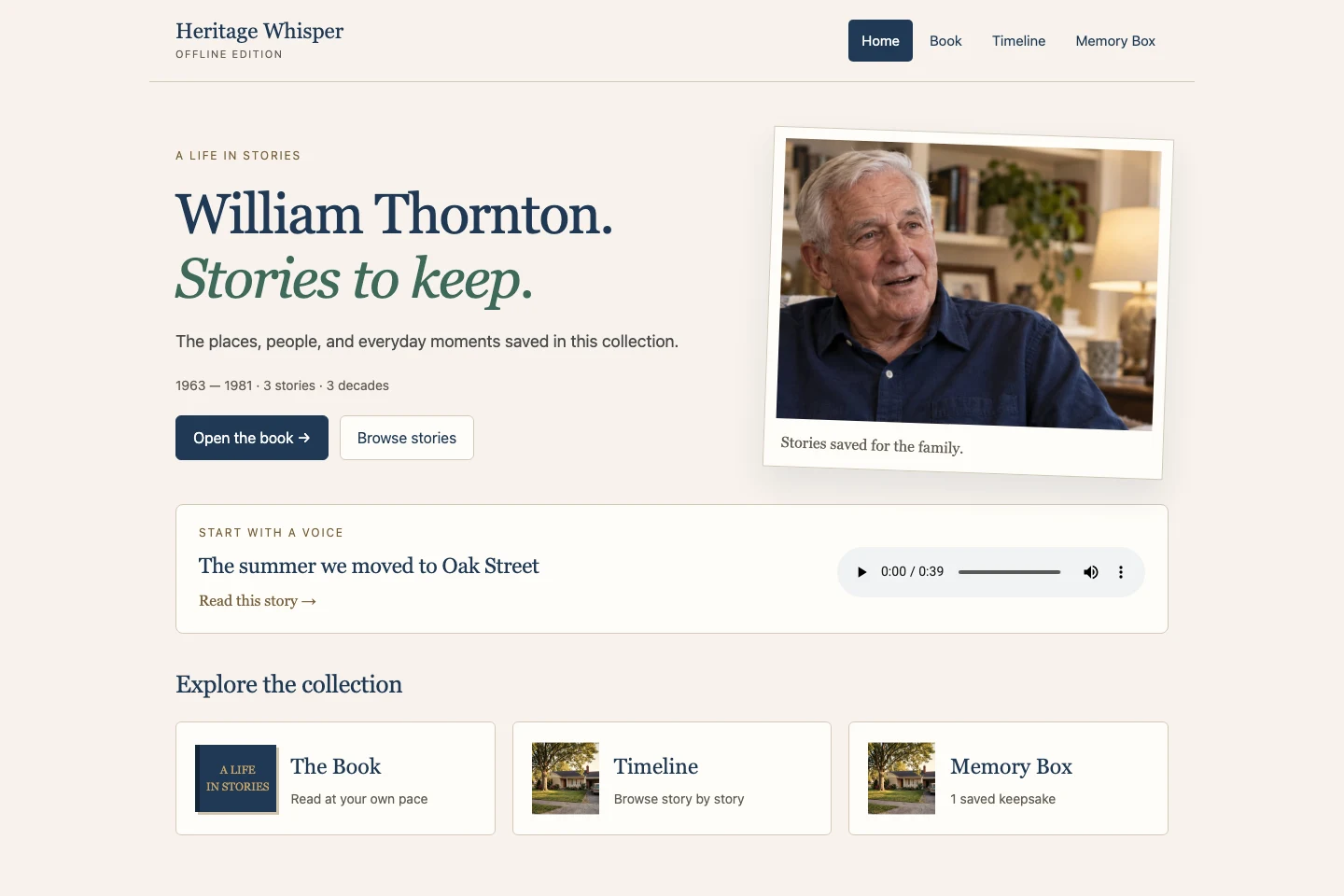Actual downloadable Heritage Whisper archive with a personal cover, original recording, and links to the book, timeline, and Memory Box. Sample content.