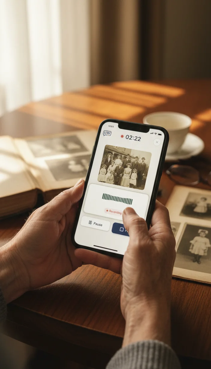 HeritageWhisper app being used to record a story about photos from an album