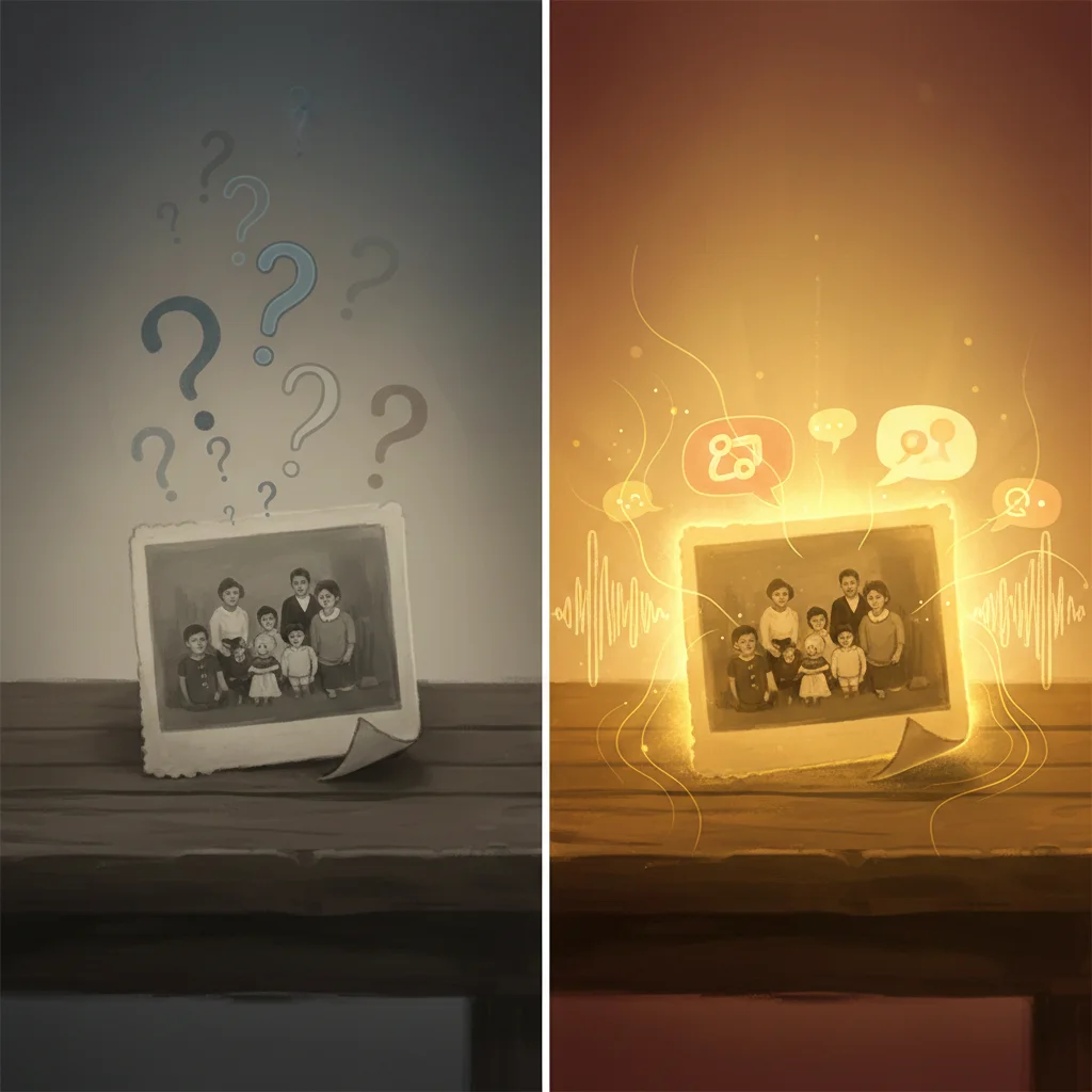 A photo without context surrounded by question marks versus the same photo brought to life with audio waves and stories