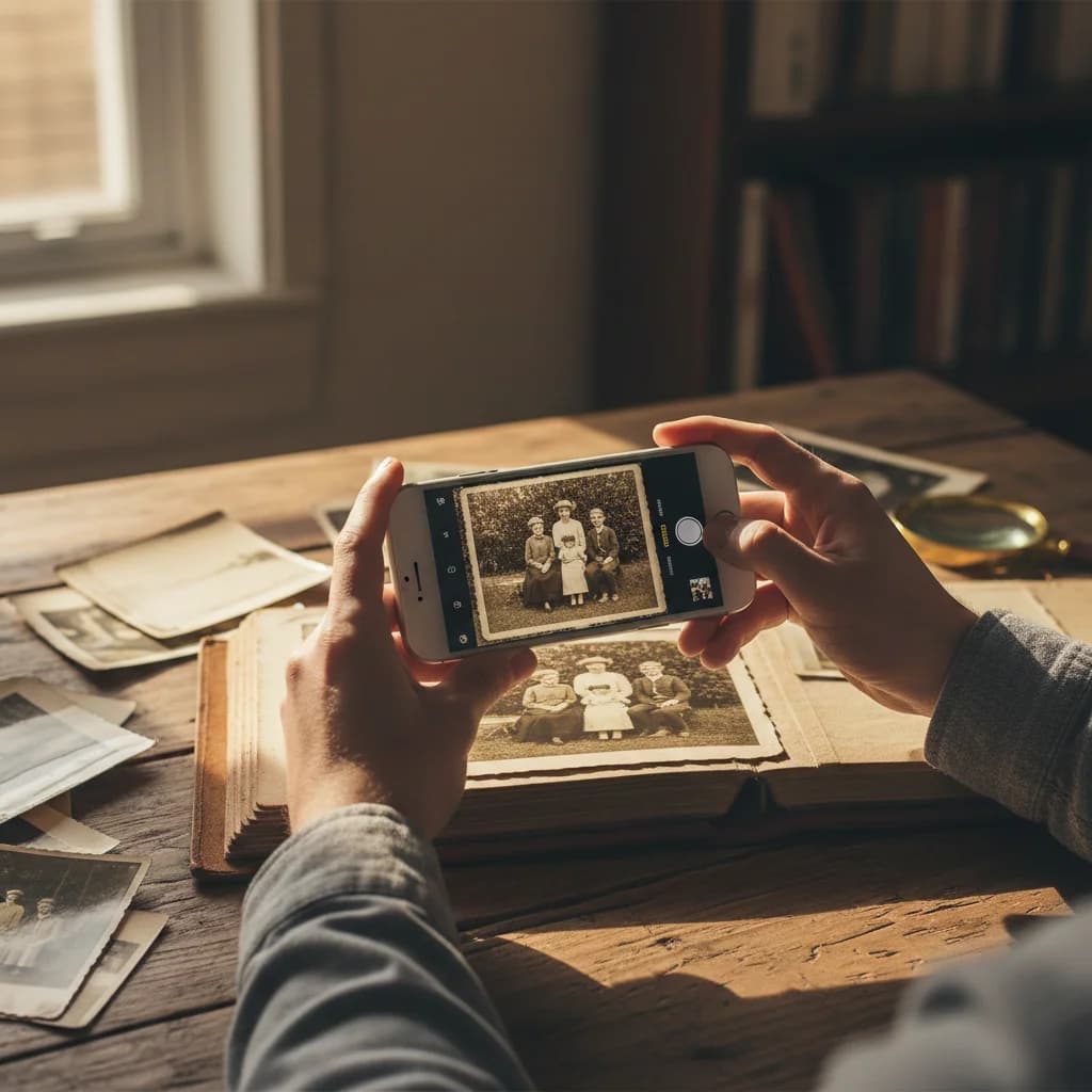 iPhone camera capturing a vintage photo from an album