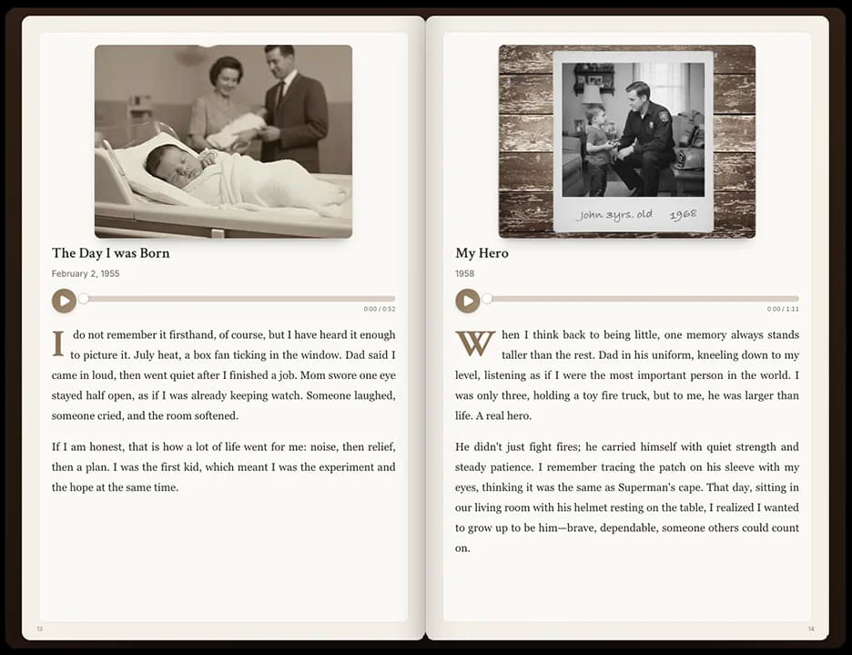 HeritageWhisper book view showing family stories