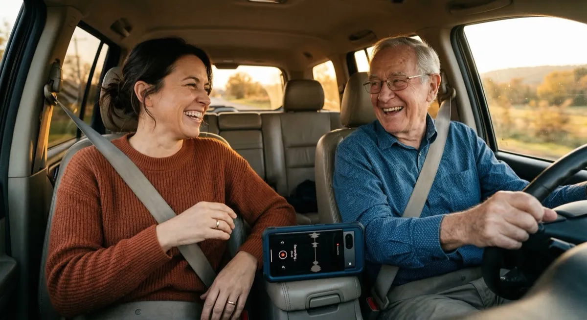 A father and daughter laughing together during a car ride while a phone records audio