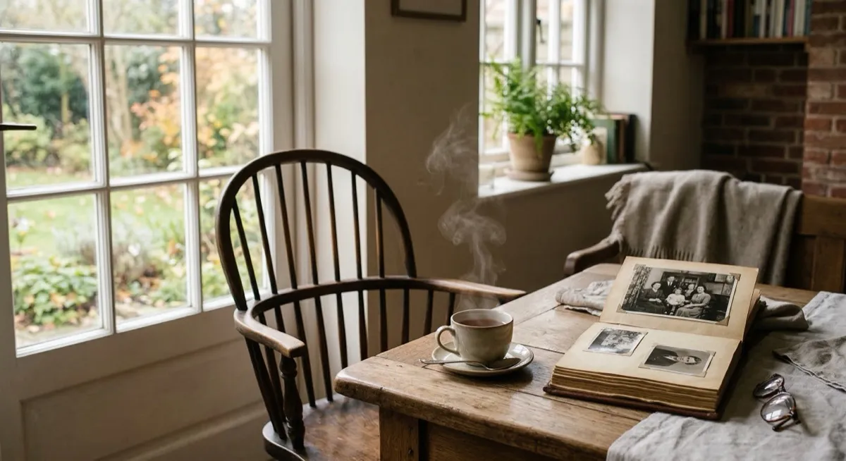 An empty chair at a table with a steaming cup of tea and an open photo album