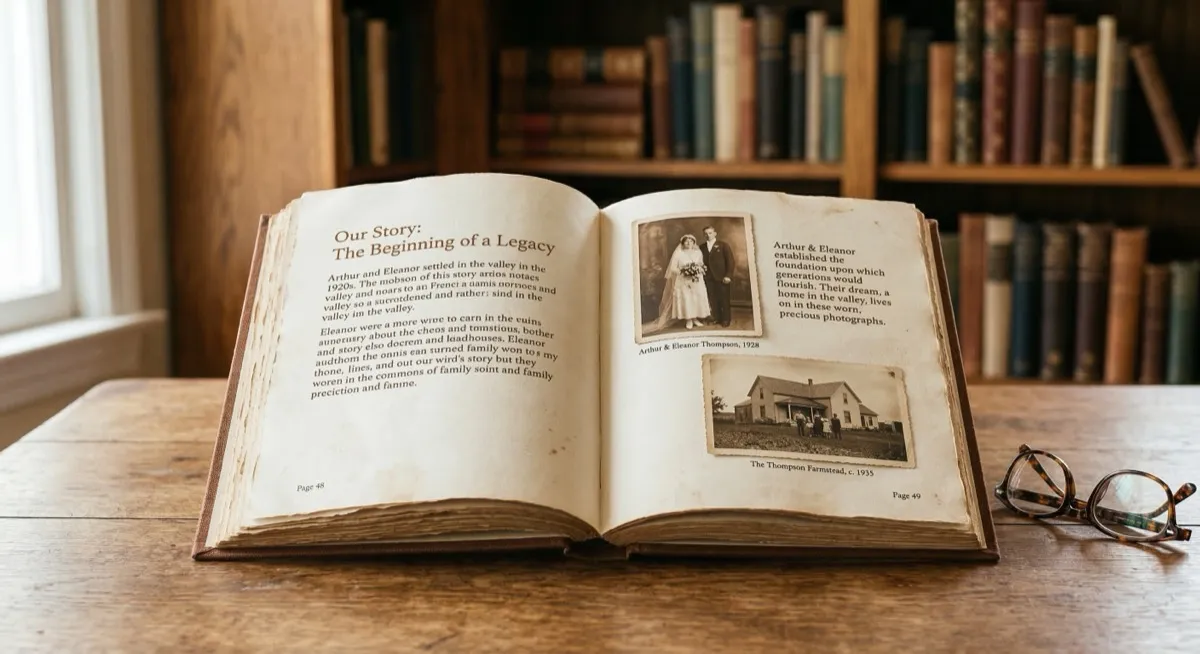 An open family story book with printed text and old photographs on the pages