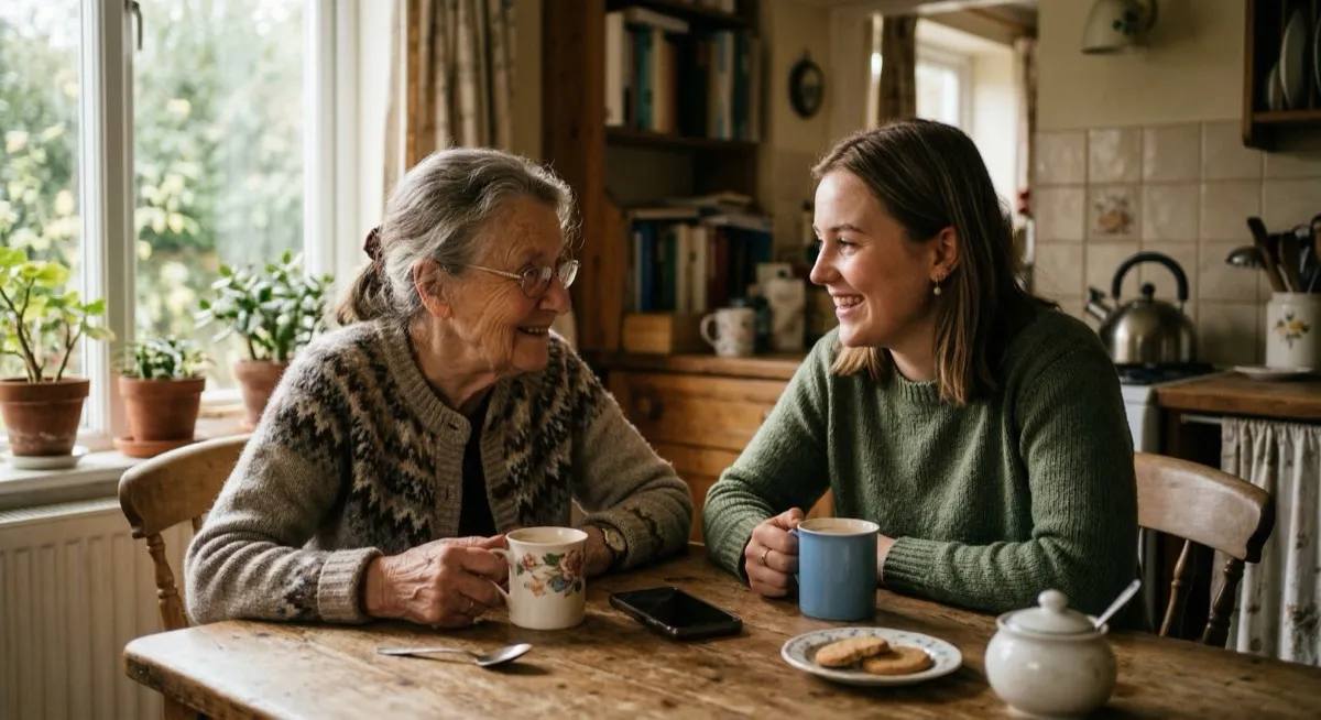 A grandmother and granddaughter sharing stories over tea at a kitchen table