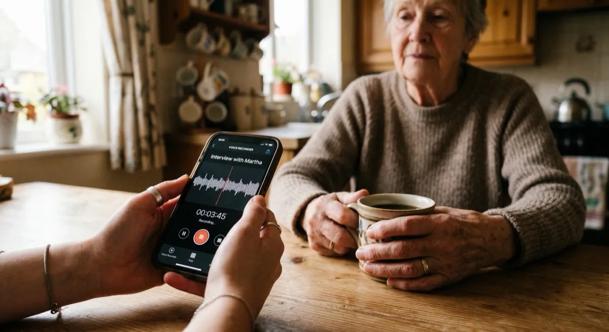 Hands holding a phone with a voice recorder app while interviewing an elderly woman