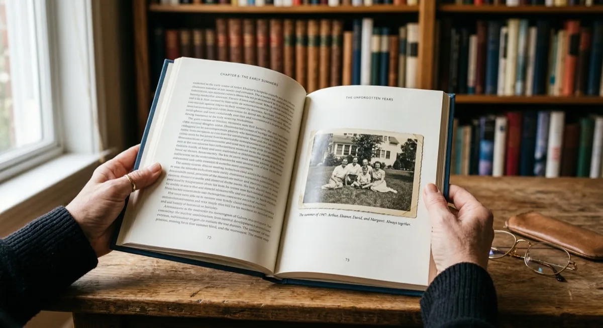 Hands holding an open family story book with photographs and text