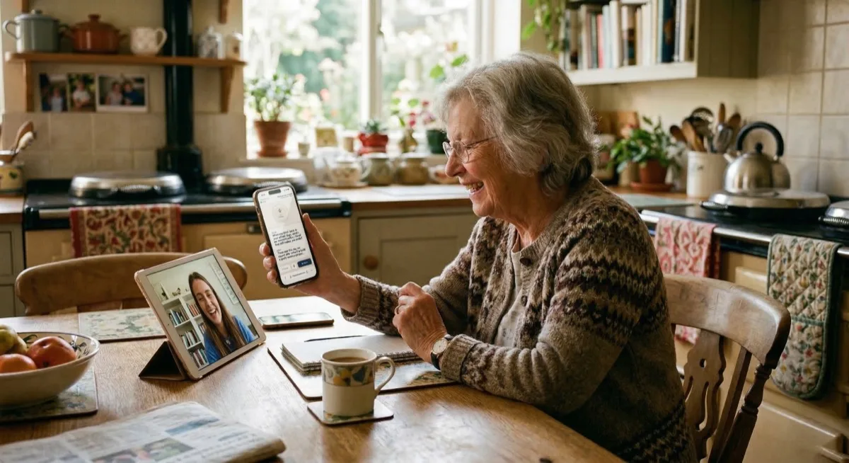 A grandmother sharing stories with family through her phone and tablet