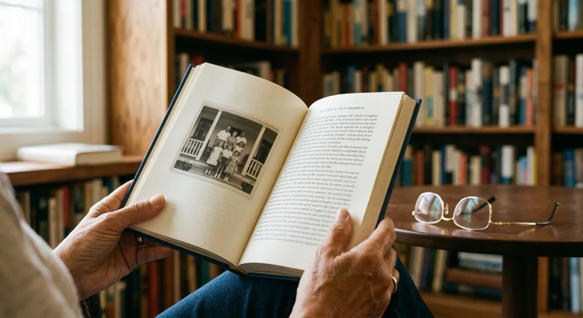 Hands holding open a memoir book with vintage family photographs